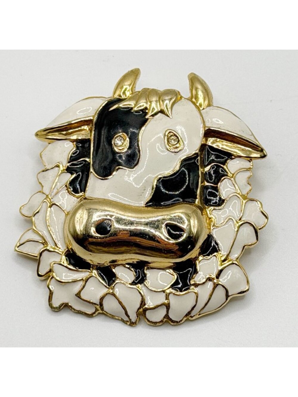 Goldtone Black And White Enamel Cow Pin Brooch